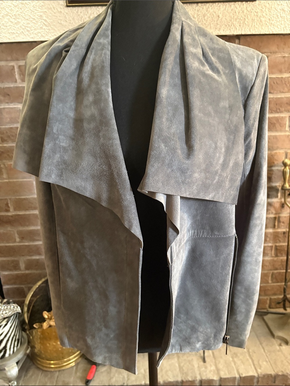 Women's Draped Open-Front Suede Jacket — Gray